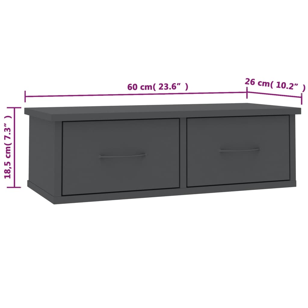 vidaXL Wall-mounted Drawer Shelf Grey 60x26x18.5 cm Engineered Wood