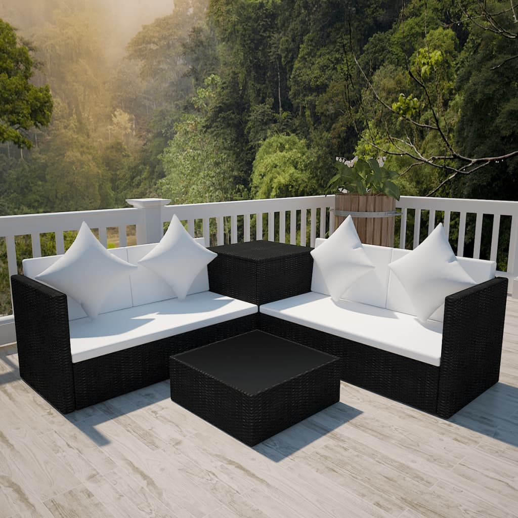 vidaXL 4 Piece Garden Lounge Set with Storage Chest Poly Rattan Black