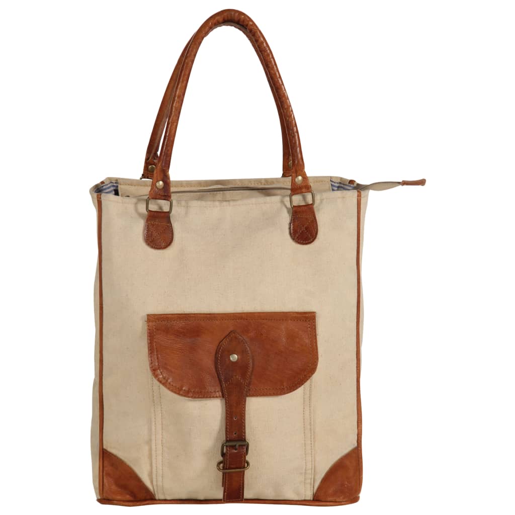 vidaXL Shopper Bag Beige 34.5x10x57 cm Canvas and Real Leather