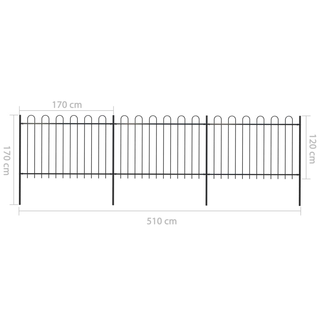 vidaXL Garden Fence with Hoop Top Steel 5.1x1.2 m Black