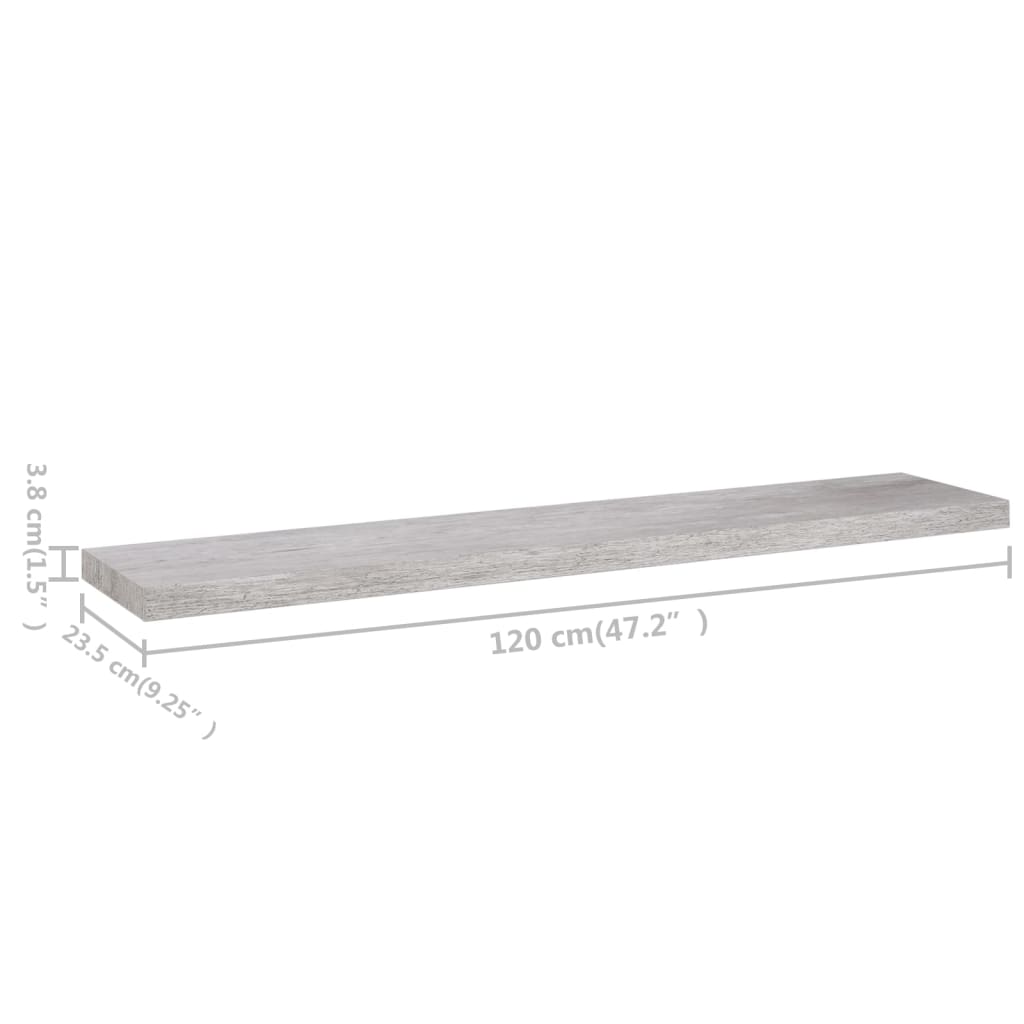 vidaXL Floating Wall Shelves 2 pcs Concrete Grey 120x23.5x3.8 cm MDF