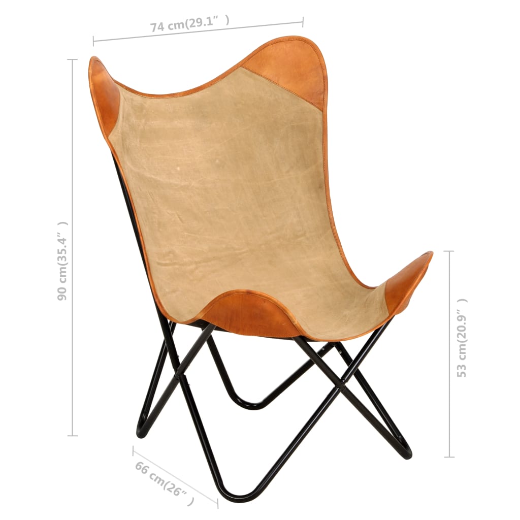 vidaXL Butterfly Chair Brown Real Leather and Canvas