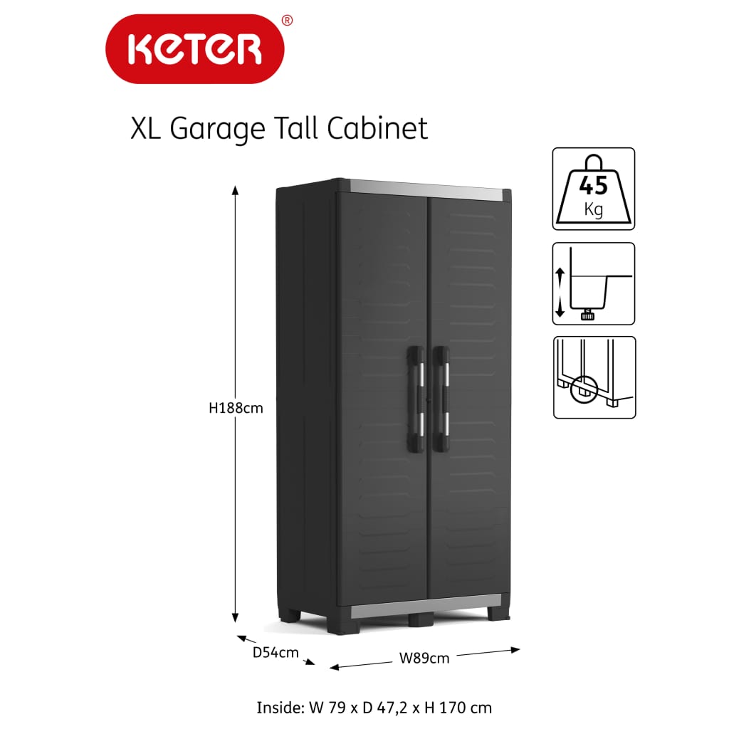 Keter Storage Cabinet with Shelves Garage XL Black and Sliver 188 cm