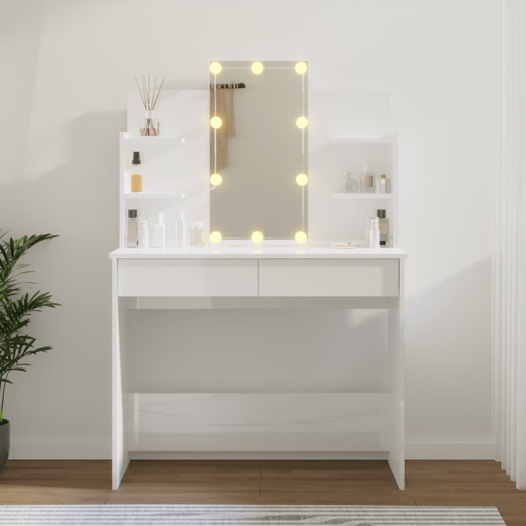 vidaXL Dressing Table with LED High Gloss White 96x40x142 cm