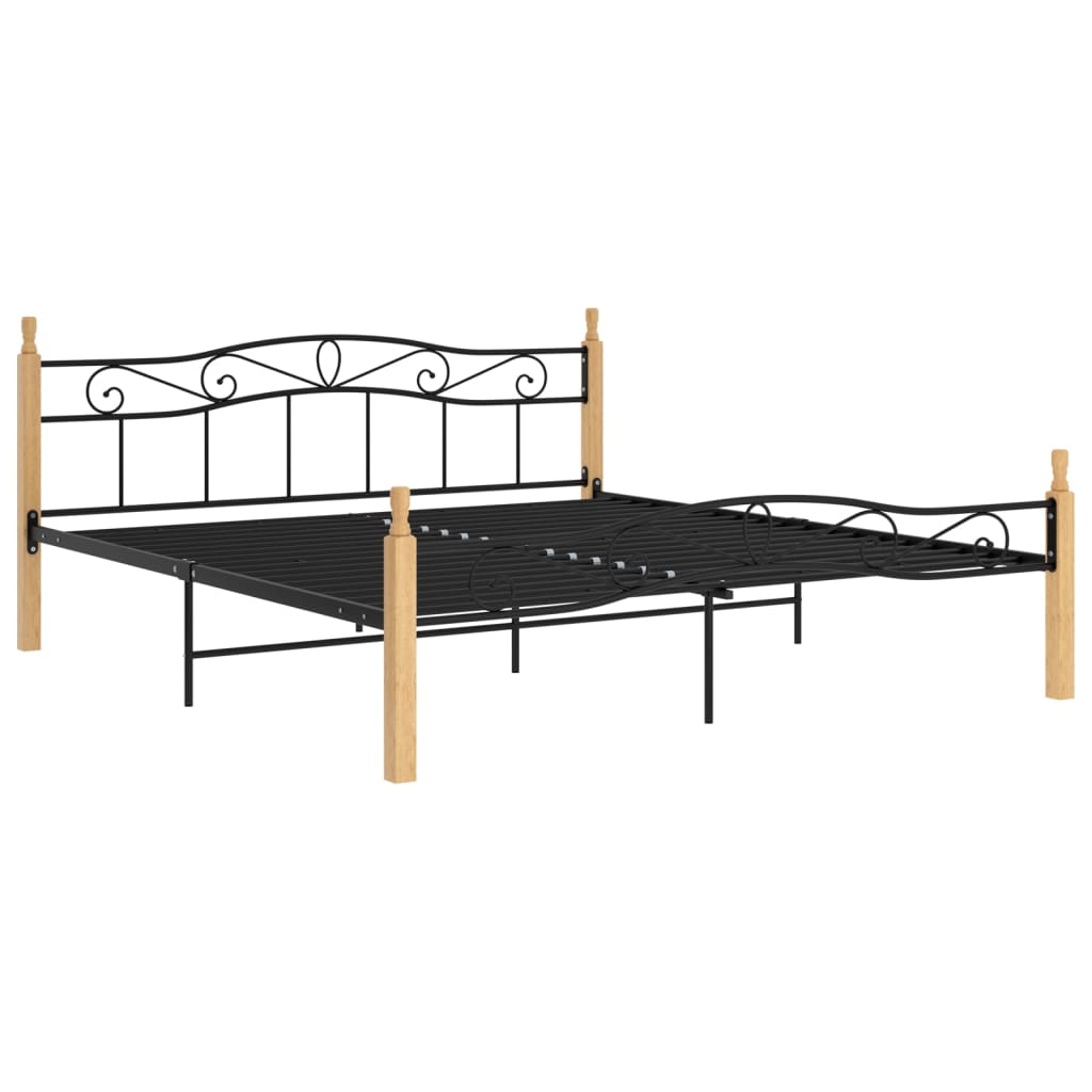 vidaXL Bed Frame Black Metal and Solid Oak Wood 180x200 cm Super King