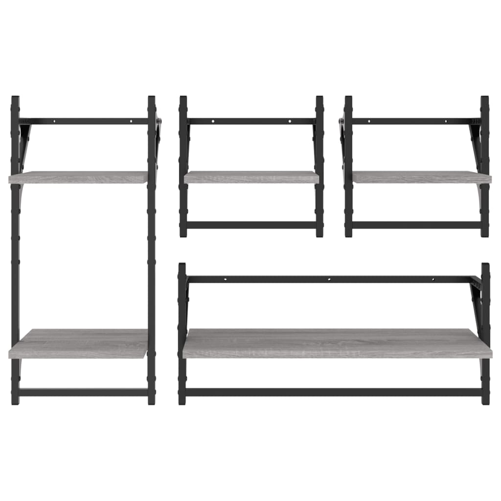 vidaXL 4 Piece Wall Shelf Set with Bars Grey Sonoma Engineered Wood