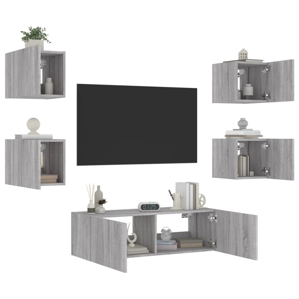 vidaXL 5 Piece TV Wall Cabinets with LED Lights Grey Sonoma