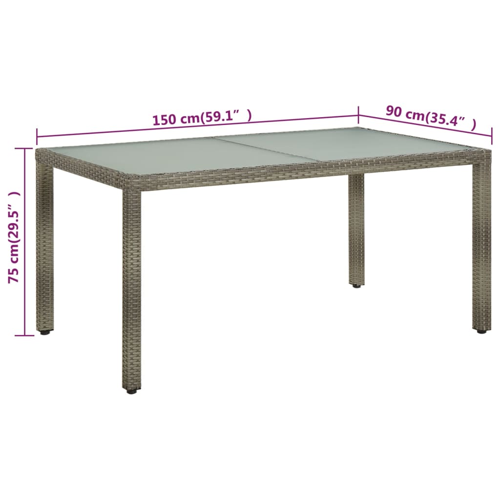 vidaXL Garden Table 150x90x75 cm Tempered Glass and Poly Rattan Grey