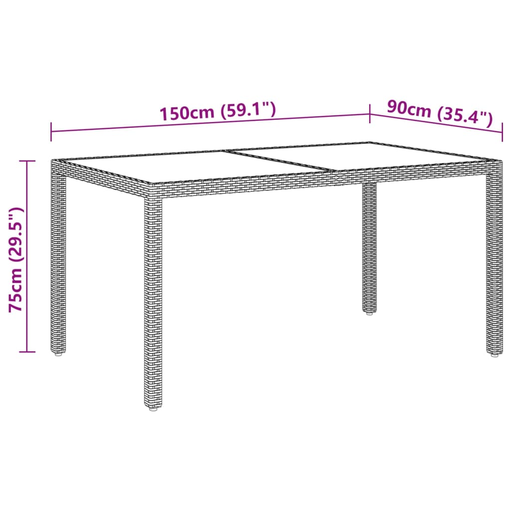 vidaXL Garden Table 150x90x75 cm Tempered Glass and Poly Rattan Beige