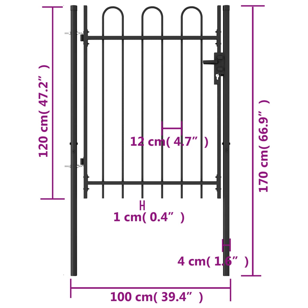 vidaXL Fence Gate Single Door with Arched Top Steel 1x1.2 m Black