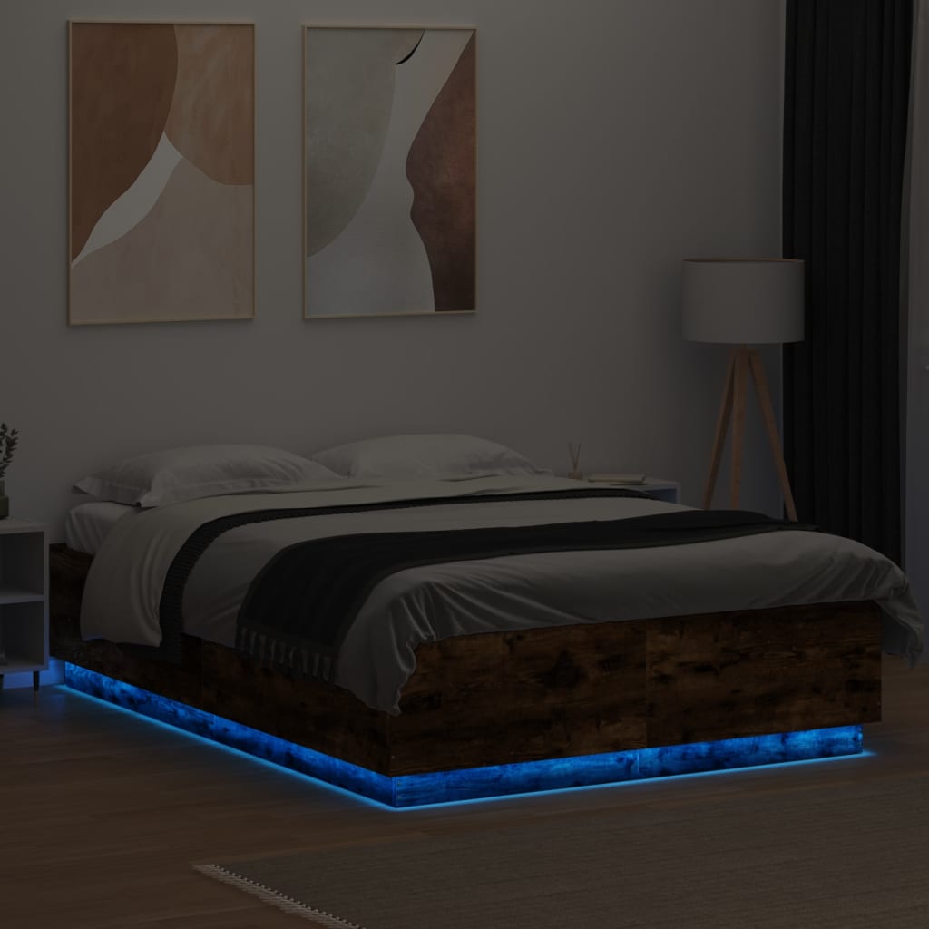 vidaXL Bed Frame with LED Lights Smoked Oak 160x200 cm Engineered Wood