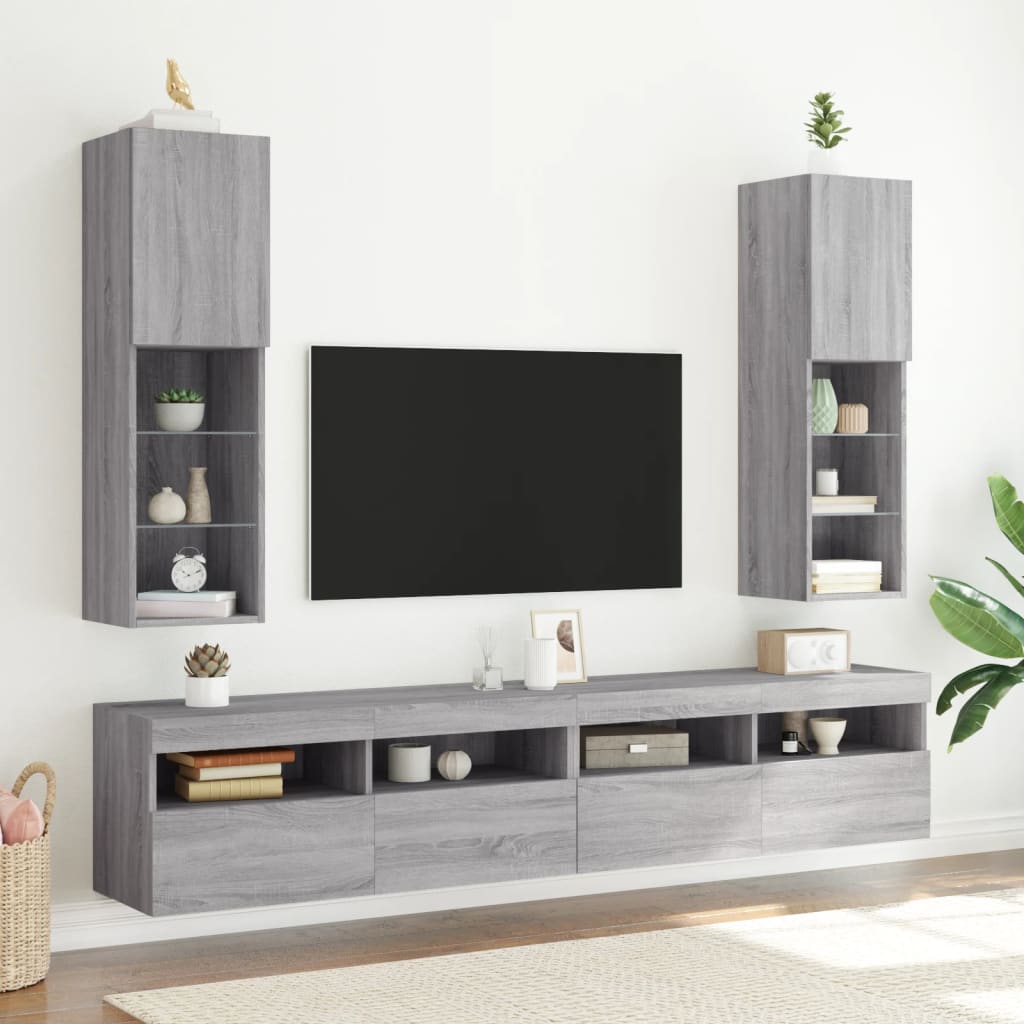 vidaXL TV Cabinets with LED Lights 2 pcs Grey Sonoma 30.5x30x102 cm