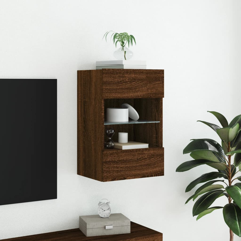 vidaXL TV Wall Cabinet with LED Lights Brown Oak 40x30x60.5 cm