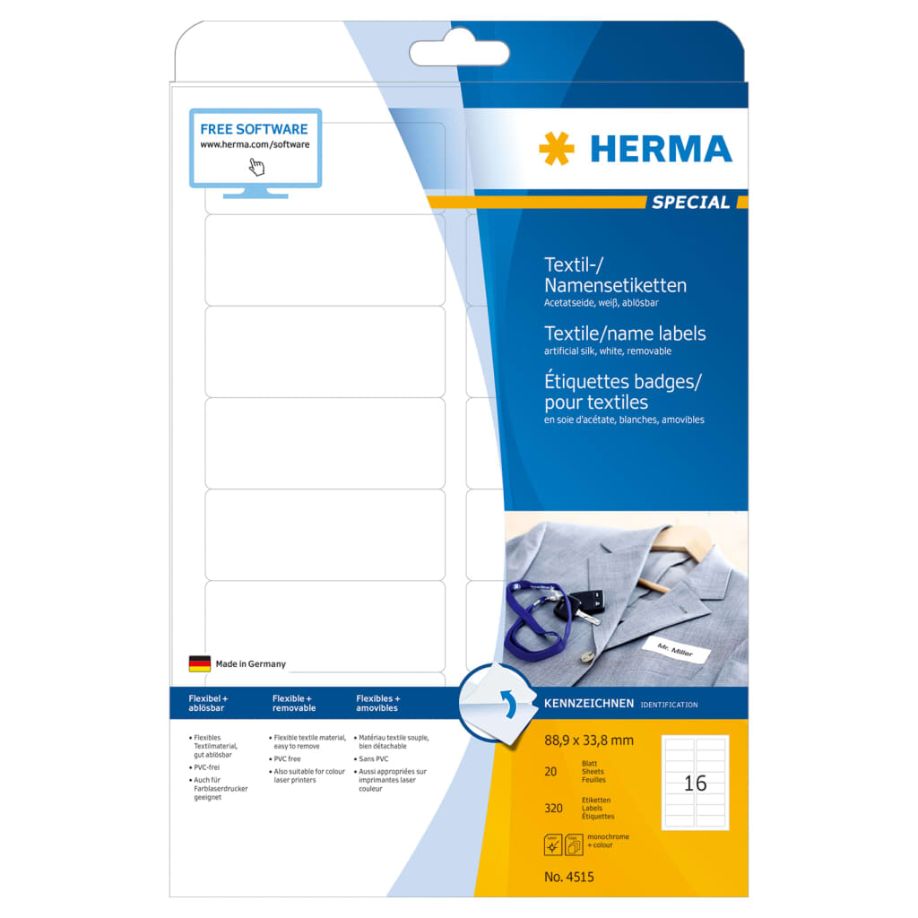 HERMA Removable Textile Name Labels A4 88.9x33.8 mm 20 Sheets