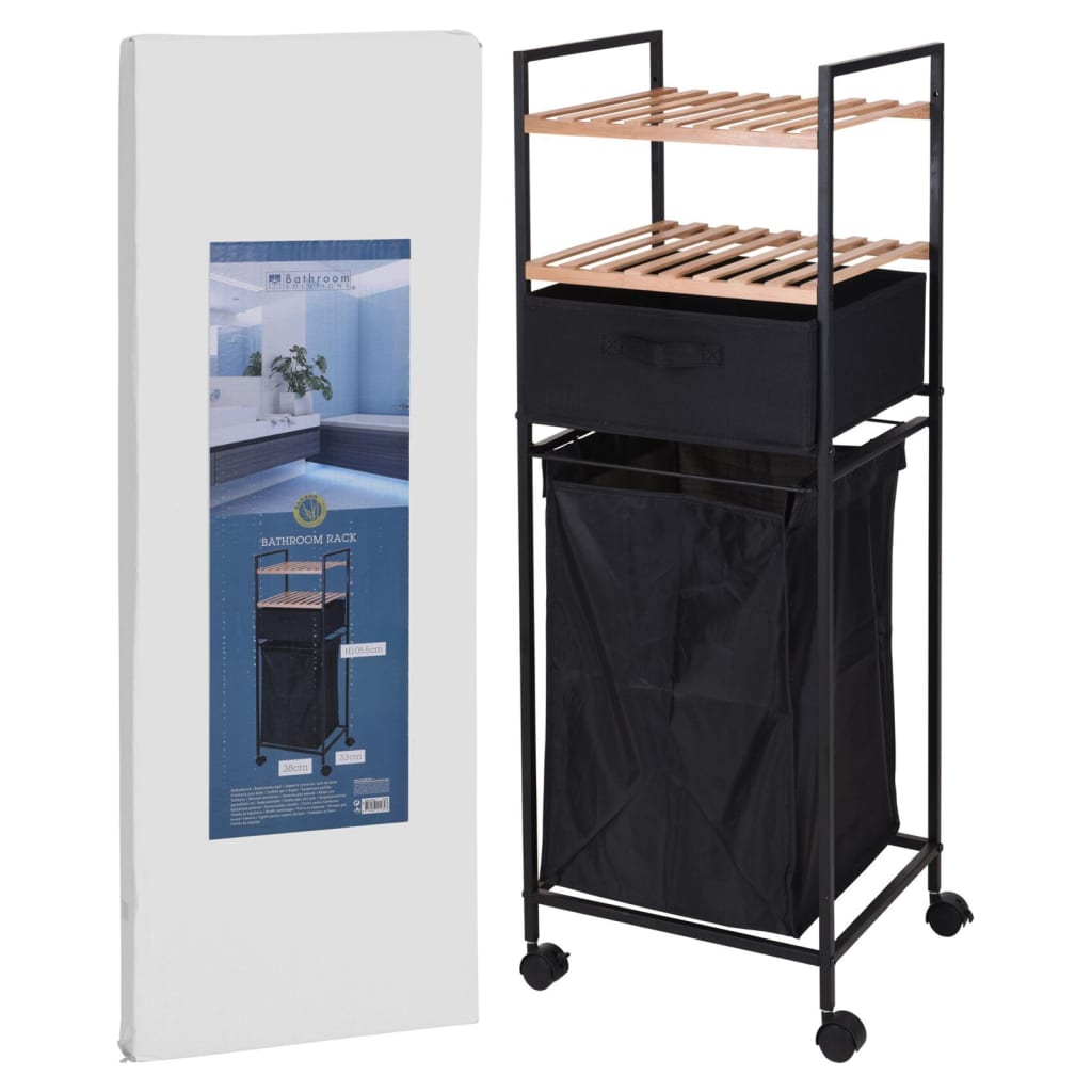 Bathroom Solutions Storage Rack with 2 Shelves and Laundry Basket Bamboo 109 cm