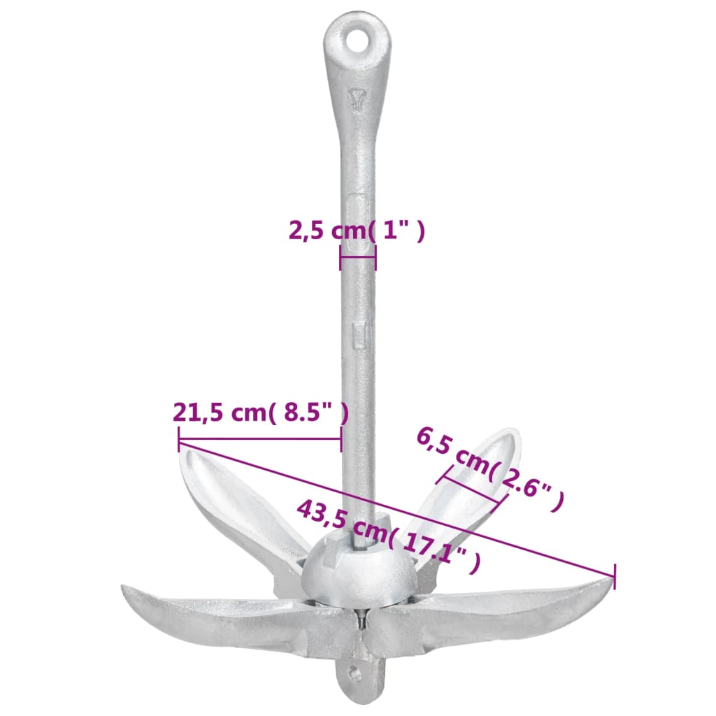 vidaXL Folding Anchor with Rope Silver 6 kg Malleable Iron