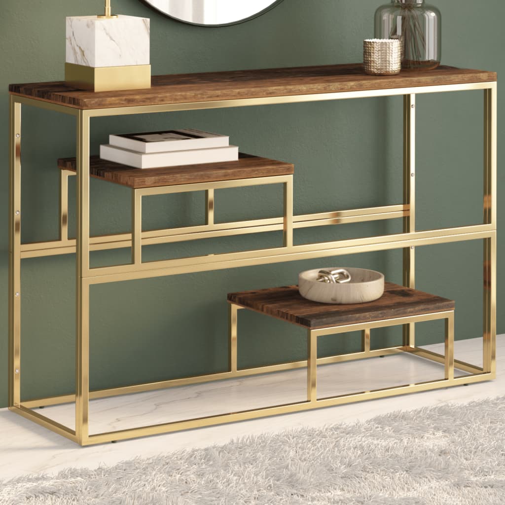 vidaXL Console Table Gold Stainless Steel and Solid Sleeper Wood