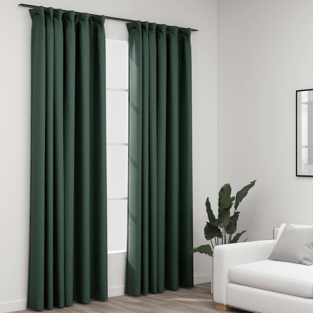 vidaXL Linen-Look Blackout Curtains with Hooks 2 pcs Green 140x225 cm