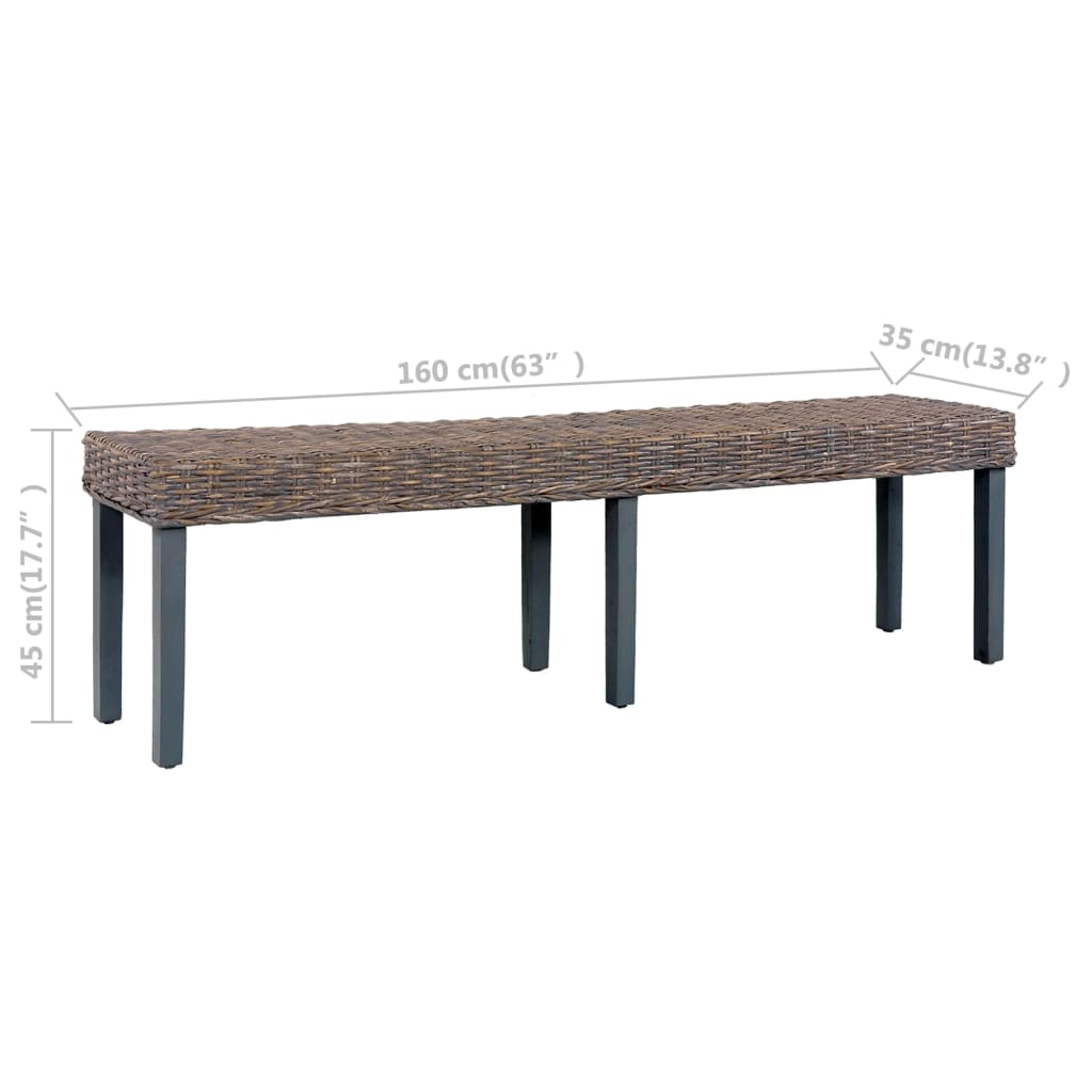 vidaXL Bench 160 cm Grey Natural Kubu Rattan and Solid Mango Wood