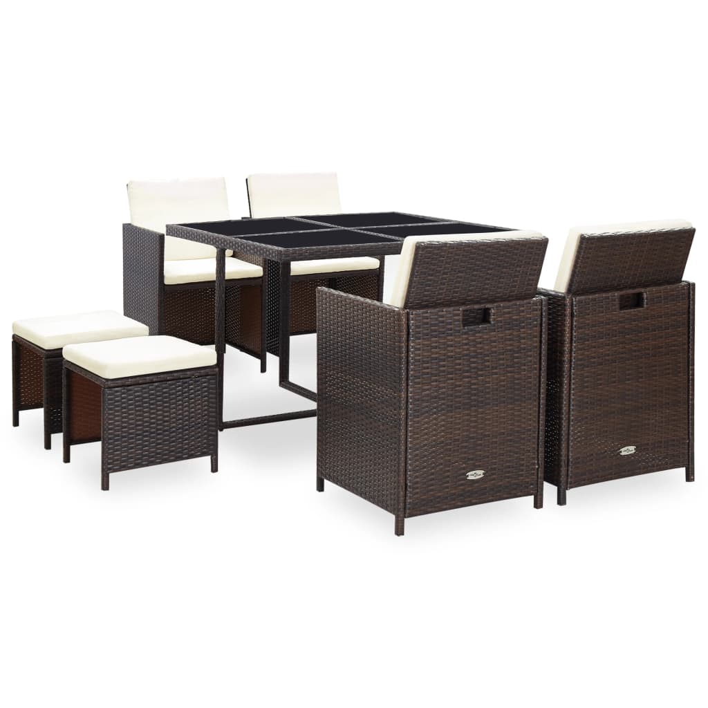 vidaXL 9 Piece Outdoor Dining Set with Cushions Poly Rattan Brown