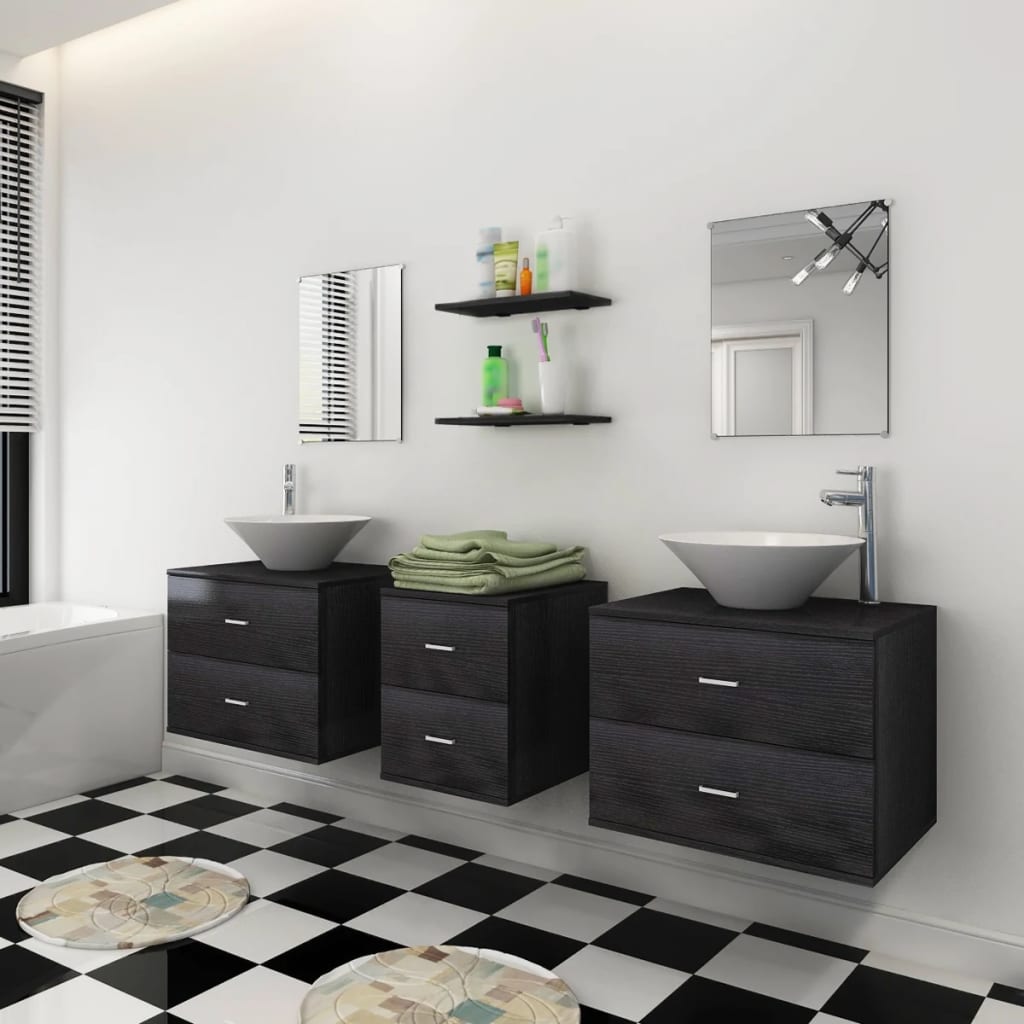 vidaXL Nine Piece Bathroom Furniture Set with Basin with Tap Black