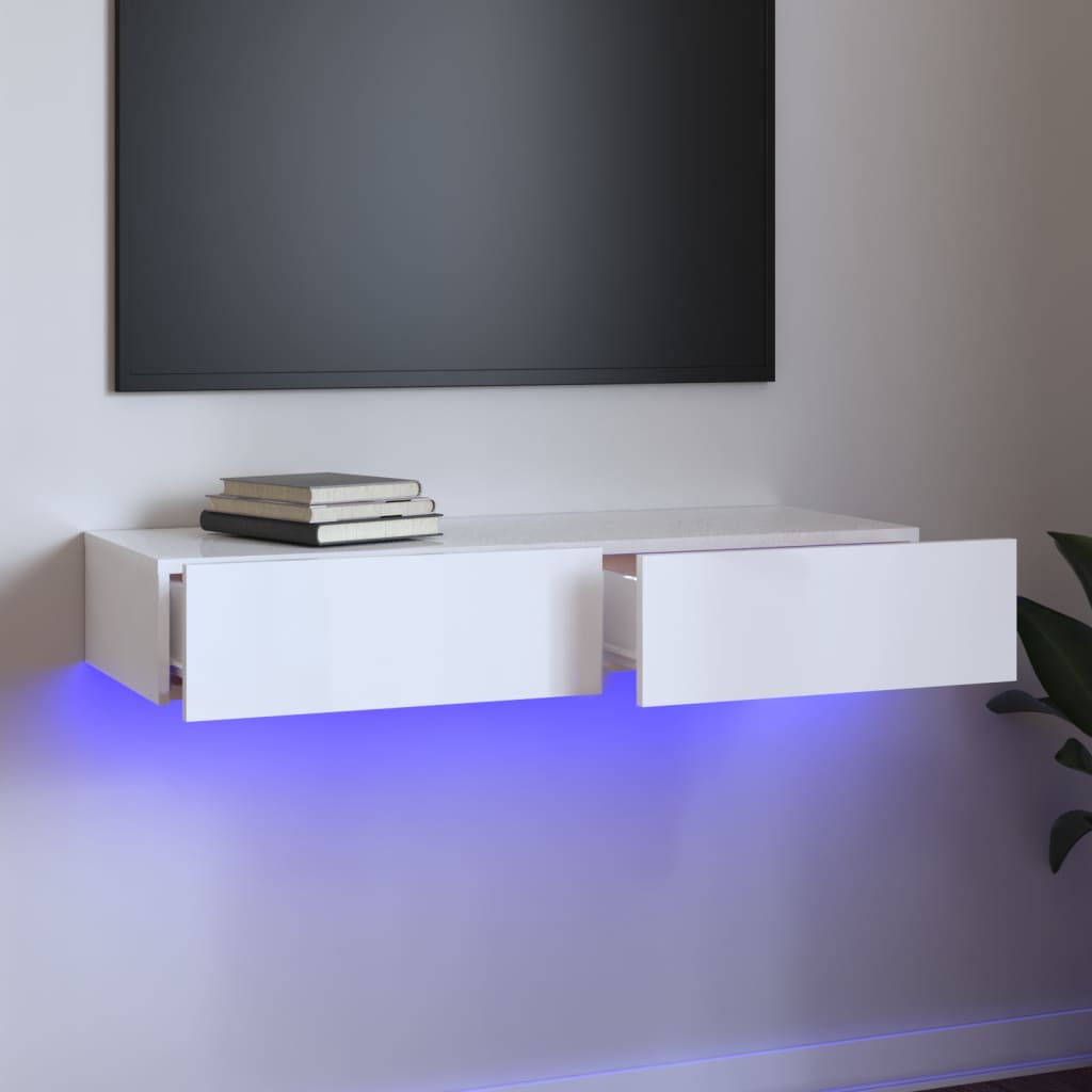 vidaXL TV Cabinet with LED Lights High Gloss White 90x35x15.5 cm