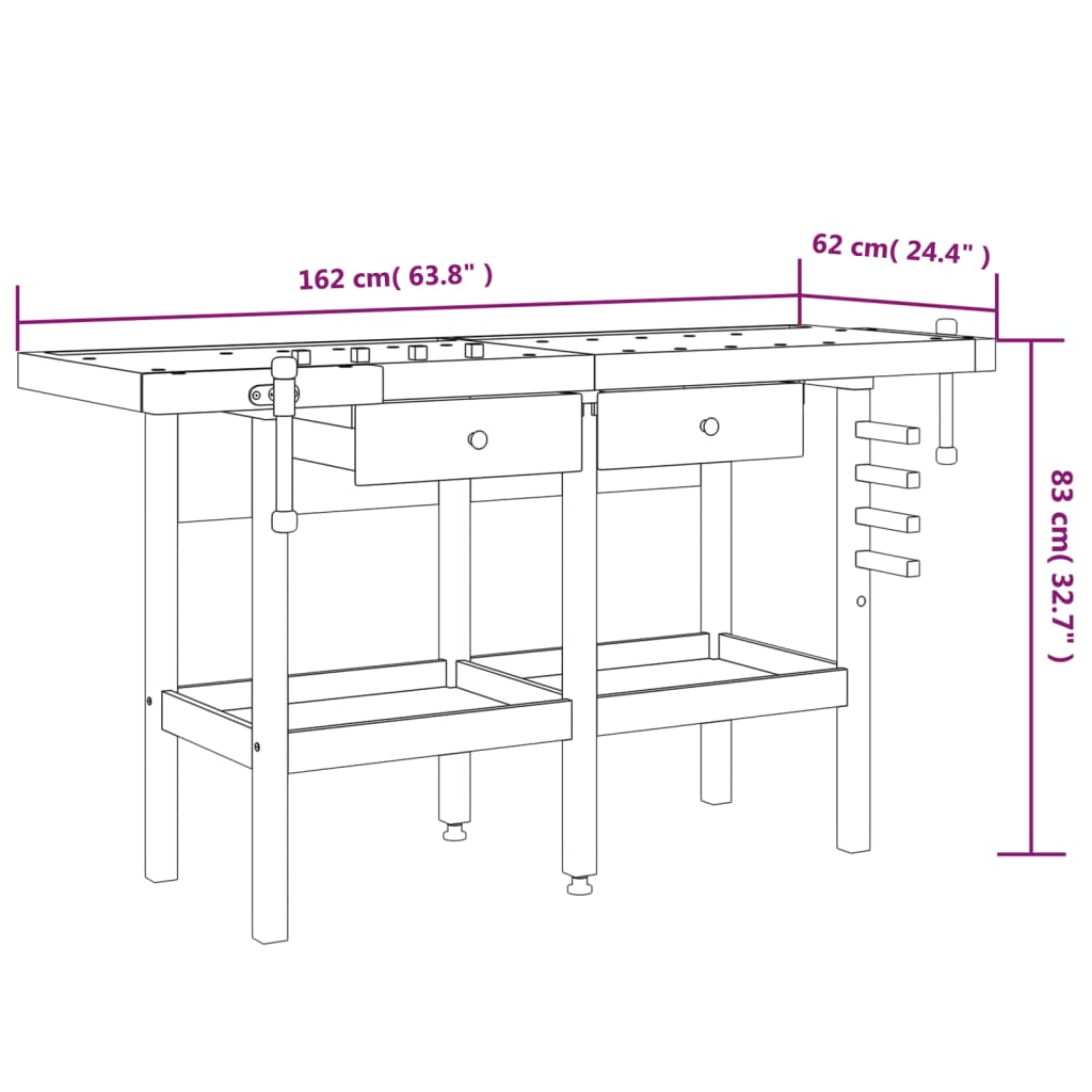vidaXL Workbench with Drawers and Vices 162x62x83 cm Solid Wood Acacia