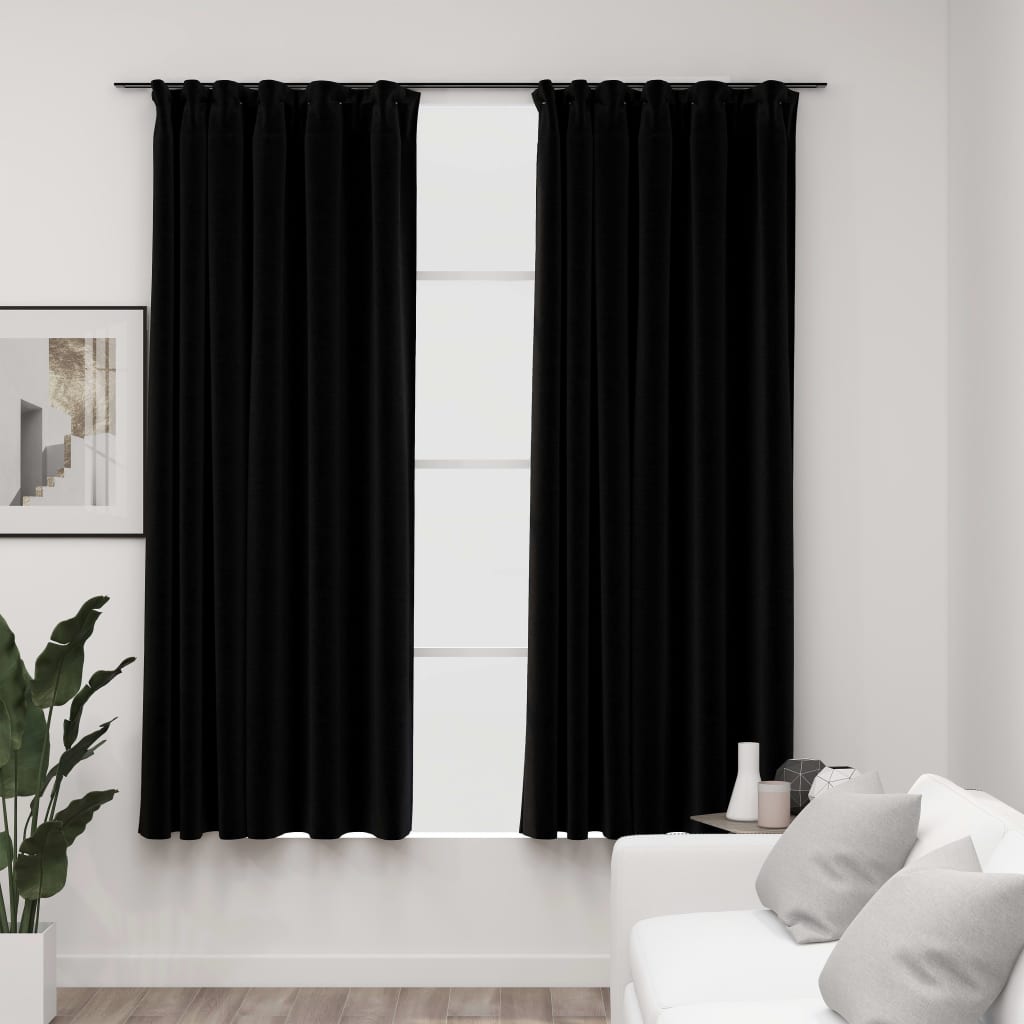 vidaXL Linen-Look Blackout Curtains with Hooks 2 pcs Black 140x175 cm